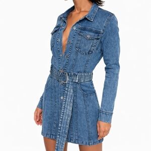 Maniere De Voir Blue Denim Button-Front Belted Shirt Dress